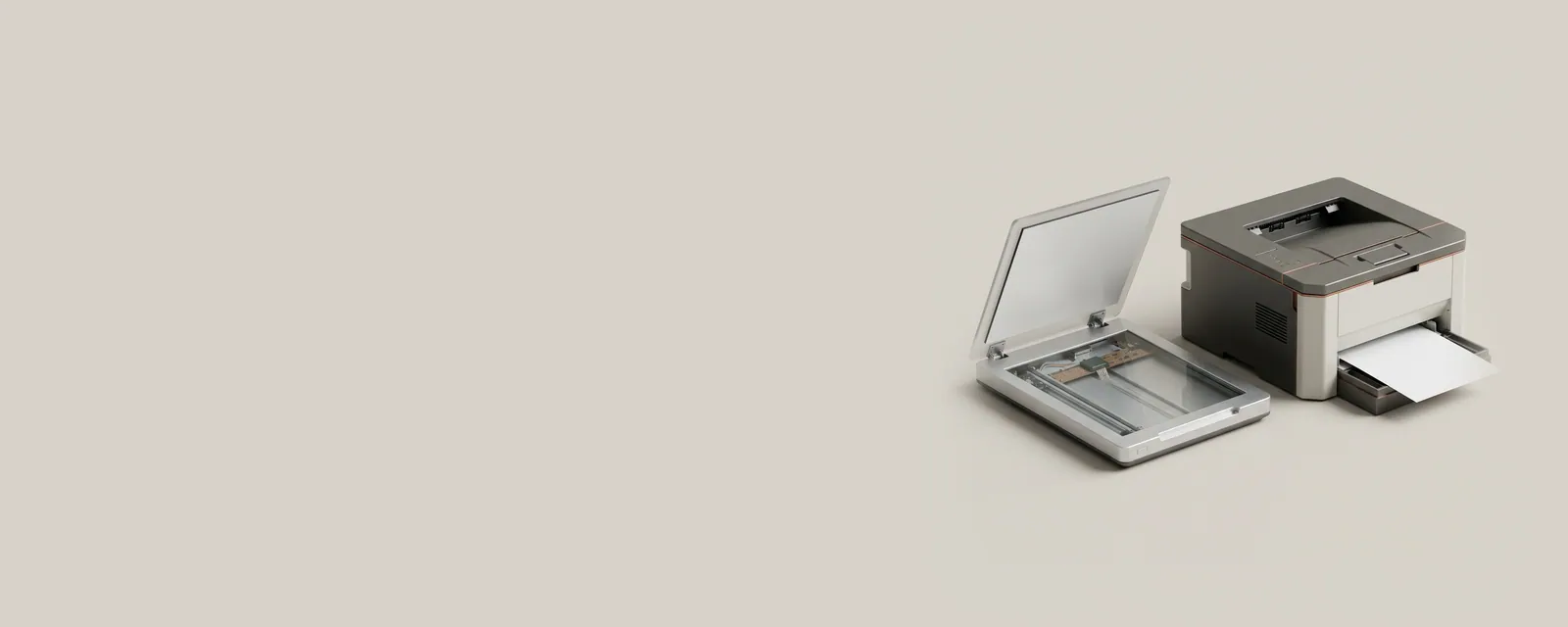 Studio render of a generic office laser printer and a slim flatbed scanner side by side, a blank sheet exiting the printer, scanner lid half open