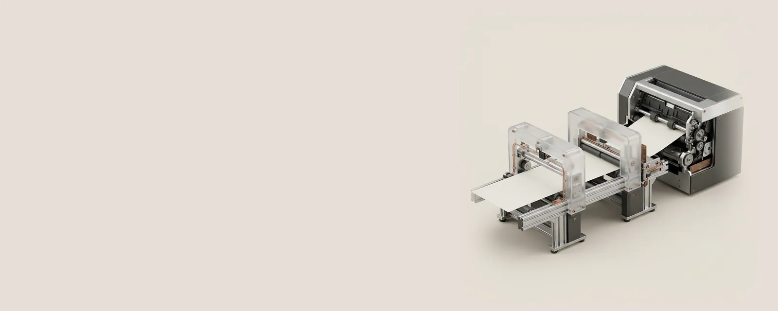 Studio render of a blank sheet travelling through three frosted acrylic gates on an aluminium rail before entering a generic printer
