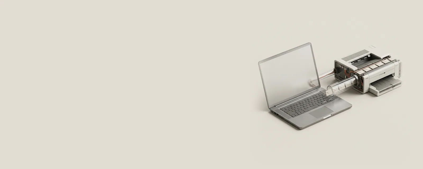 Studio render of a laptop and a printer joined by a glass tube carrying small blank envelope-shaped tiles in an ordered line