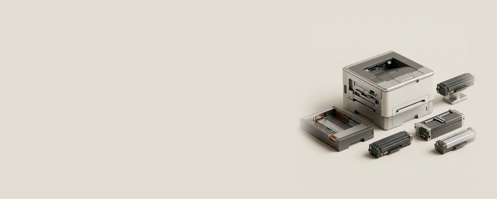 Studio render of a printer surrounded by machined option tokens: a paper tray insert, a duplex unit and three toner cartridges, one token raised