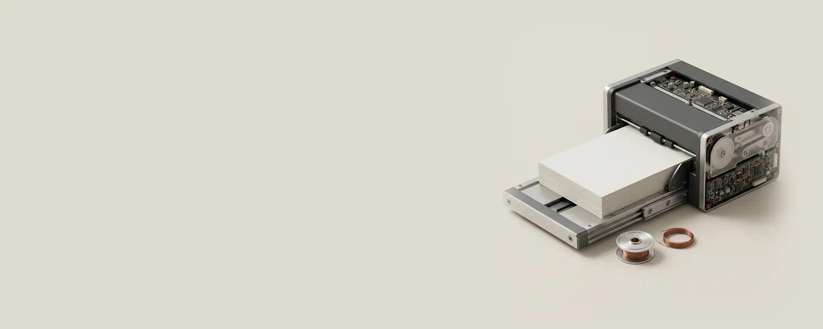 Studio render of a precise stack of blank sheets on a sliding aluminium tray feeding a printer, a small brushed metal spool beside the tray