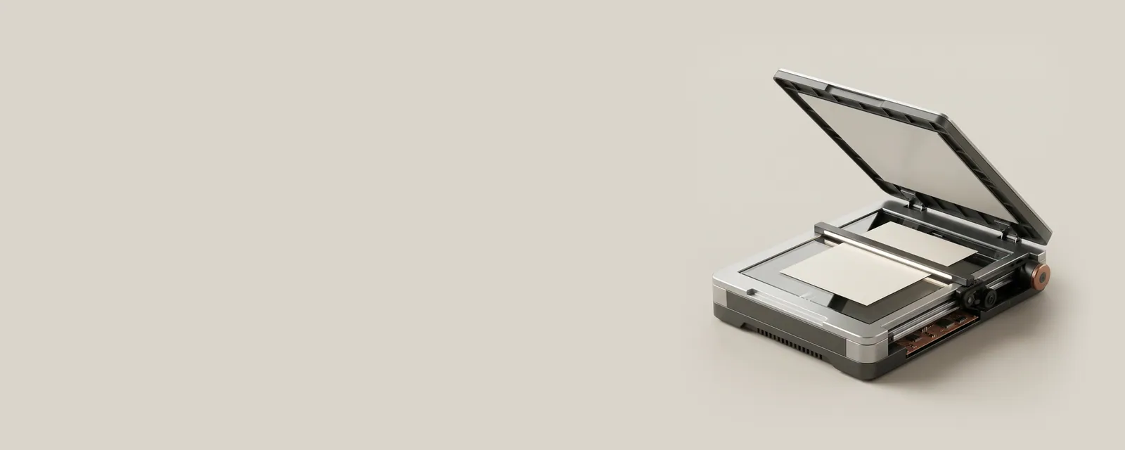 Studio render of a flatbed scanner with lid raised, a narrow light bar sweeping across a blank photographic print on the glass