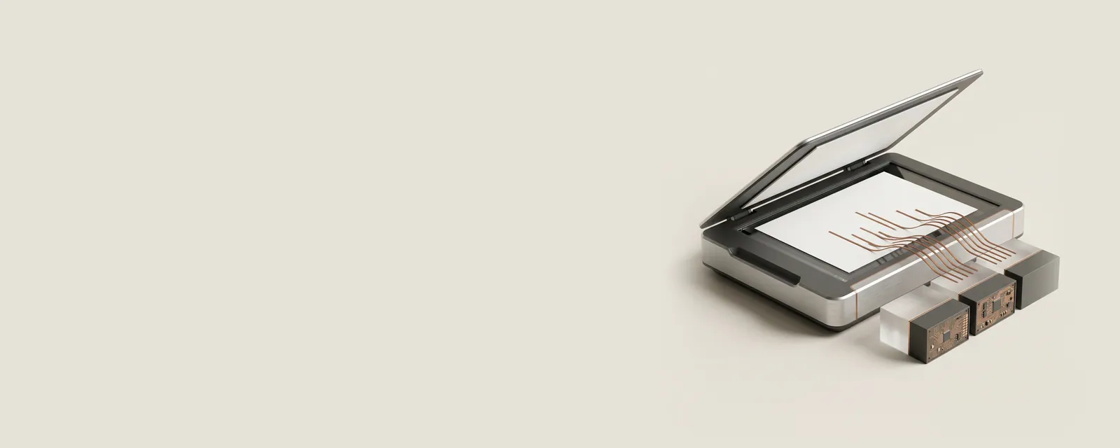 Studio render of a blank scanned page on scanner glass with abstract line marks lifting off and settling into neat rectangular blocks beside it