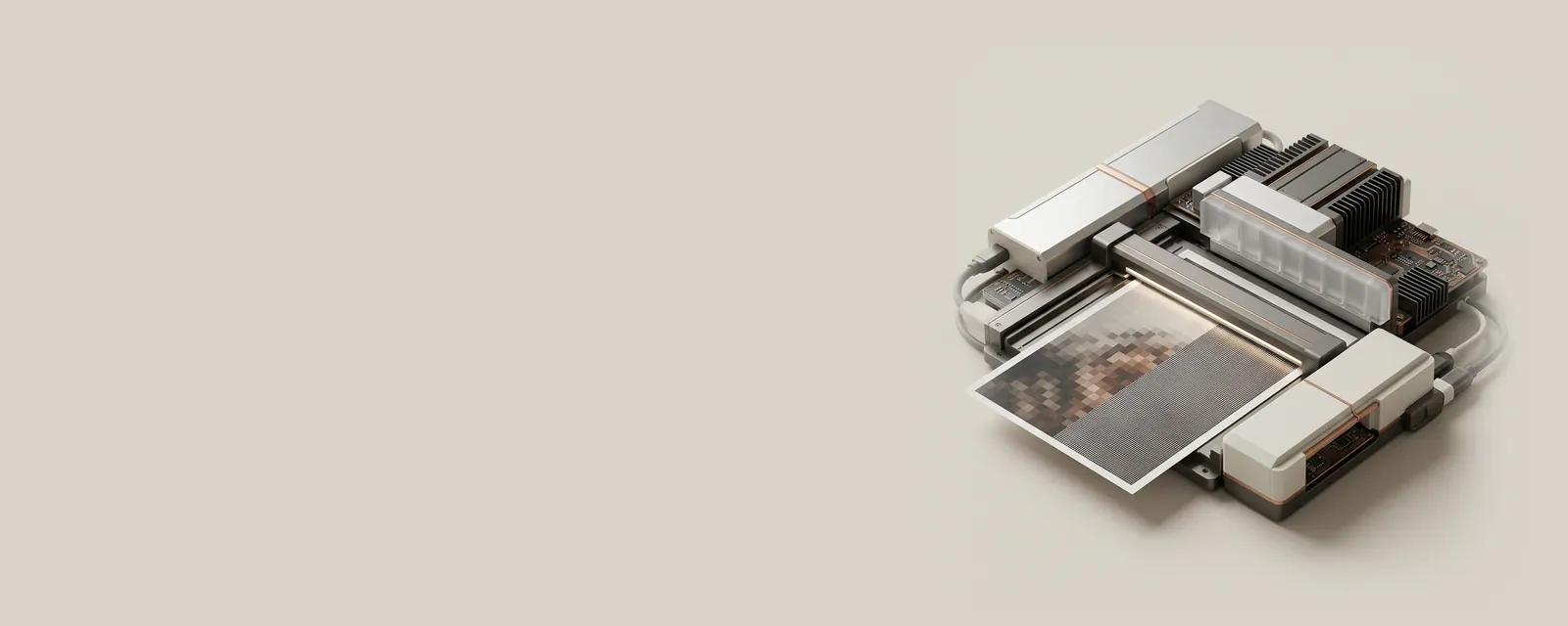 Studio render of a print under a scanner light bar, its left half resolved into coarse square pixels and the right half into a fine dense pixel grid
