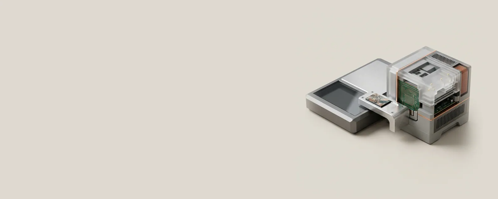 Studio render of a flatbed scanner linked by a short machined aluminium bridge to a frosted acrylic system block, a captured image tile on the bridge