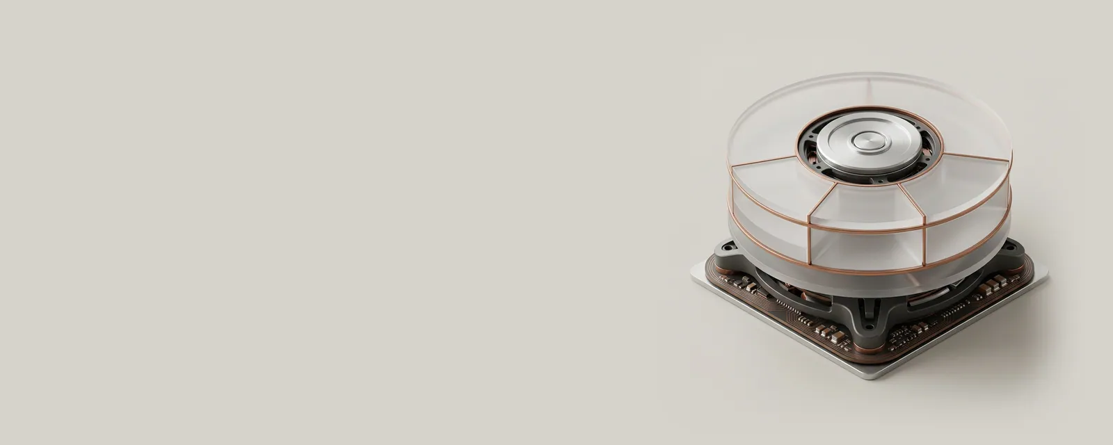 Studio render of a hard drive platter rendered as stacked translucent discs, partitions and volumes separated by thin copper rings