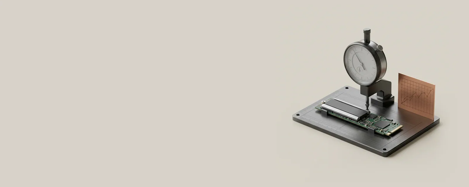 Studio render of an SSD on a precision measuring plate beside a small analogue gauge and a thin copper line graph standing upright