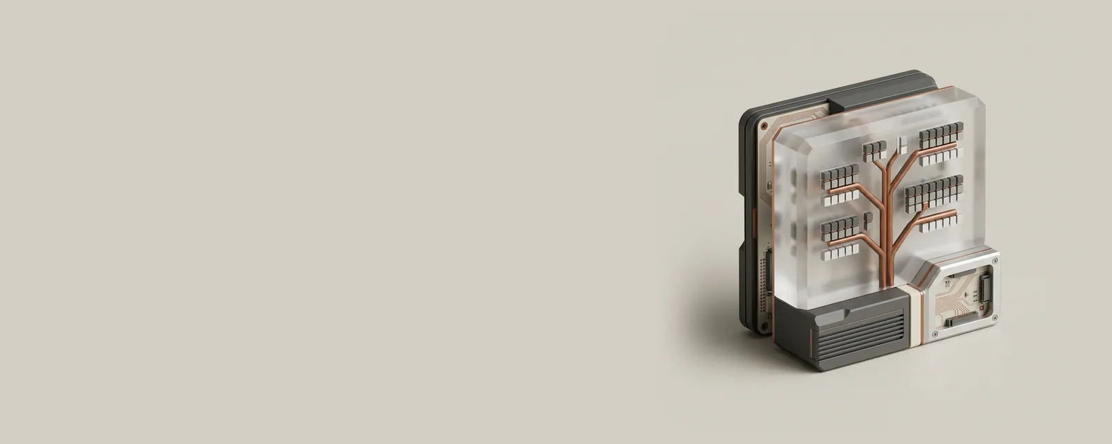Studio render of a frosted acrylic block containing a branching copper tree structure, rows of tiny blocks at its leaves