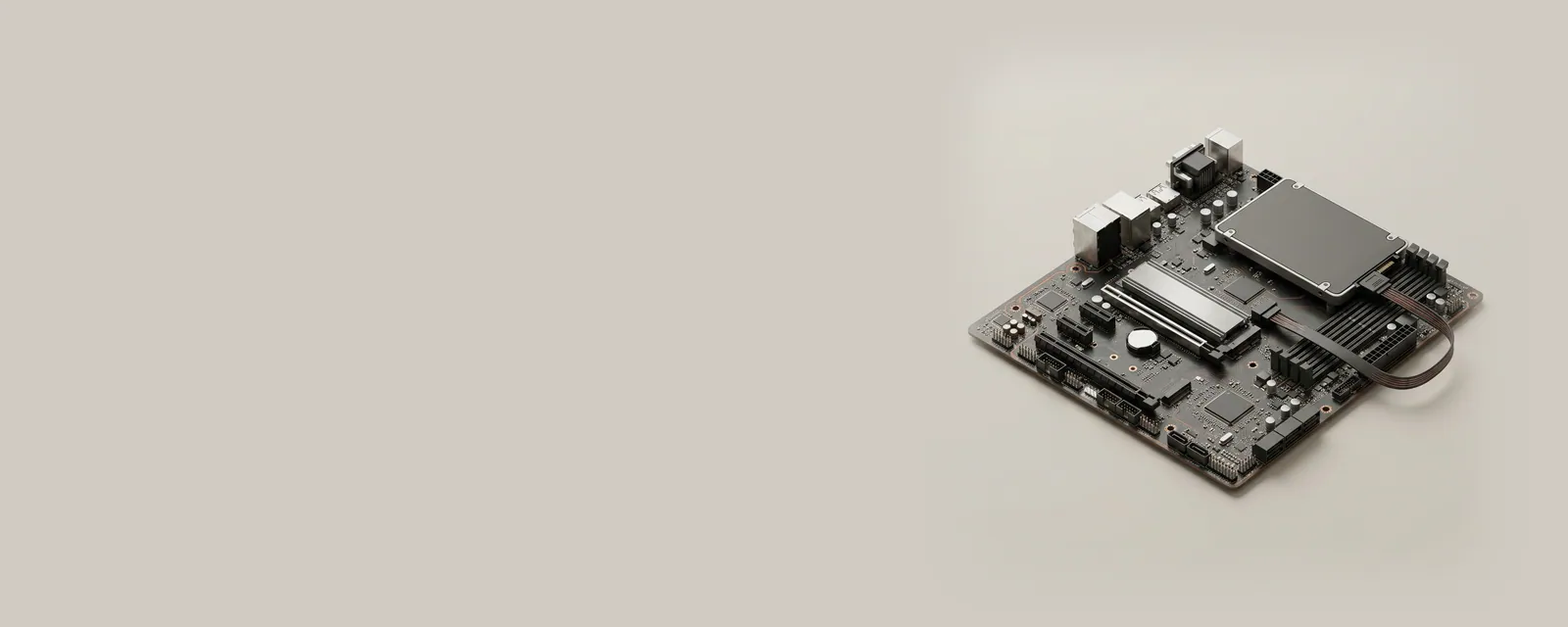 Studio render of a motherboard with an M.2 SSD in its slot and a 2.5-inch drive connected by a flat SATA cable, both leading to a controller chip