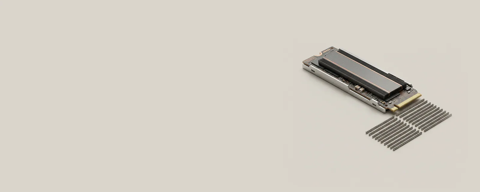 Studio render of a slim M.2 NVMe SSD with many short parallel rows of steel beads lined up in front of its connector