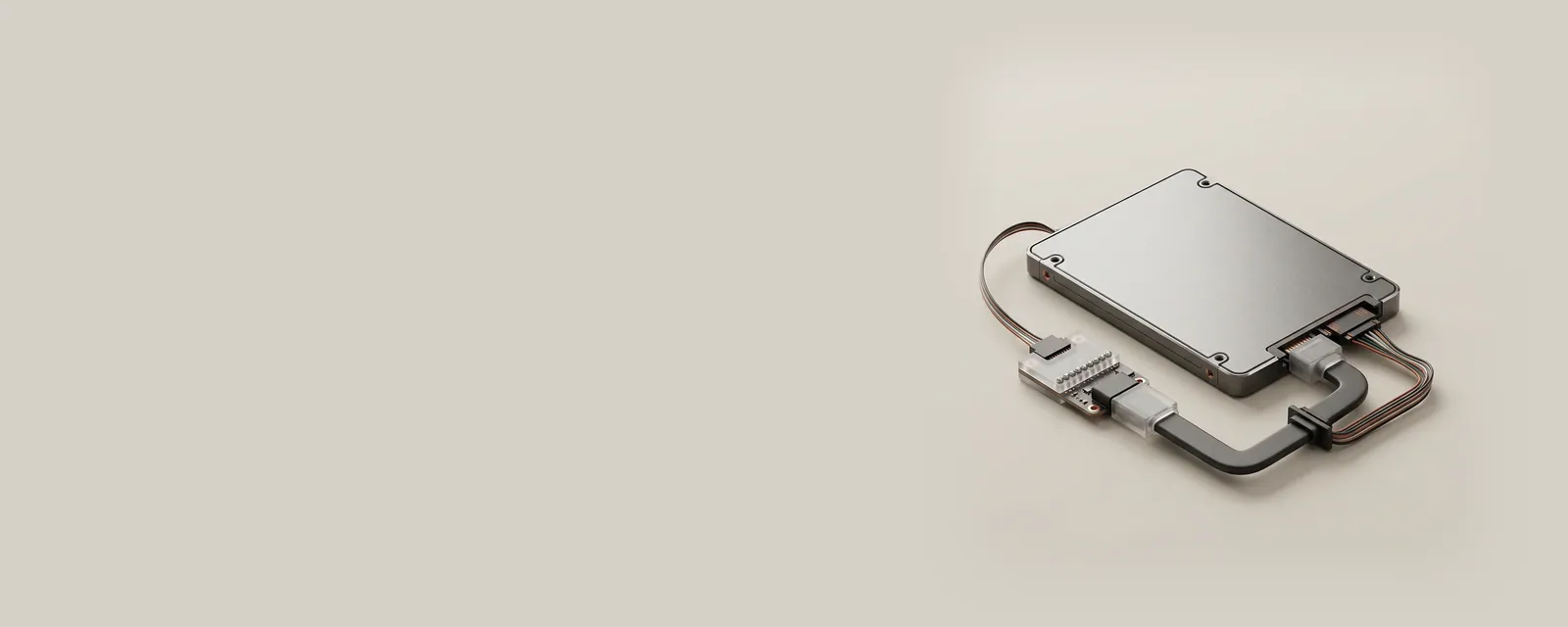 Studio render of a 2.5-inch SATA drive connected by an L-shaped data cable to a small controller block with a single row of steel beads