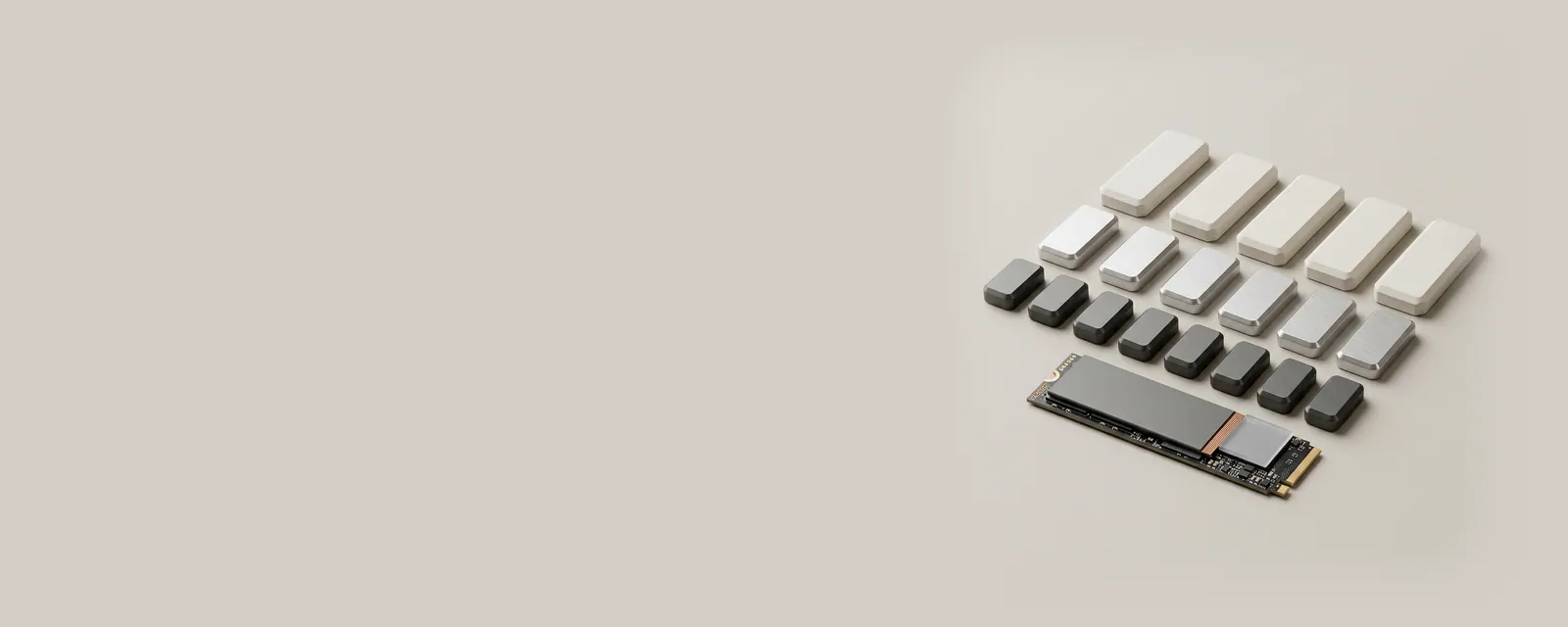 Studio render of an SSD in front of three rows of machined tokens of different lengths, short, medium and long, in tidy lines