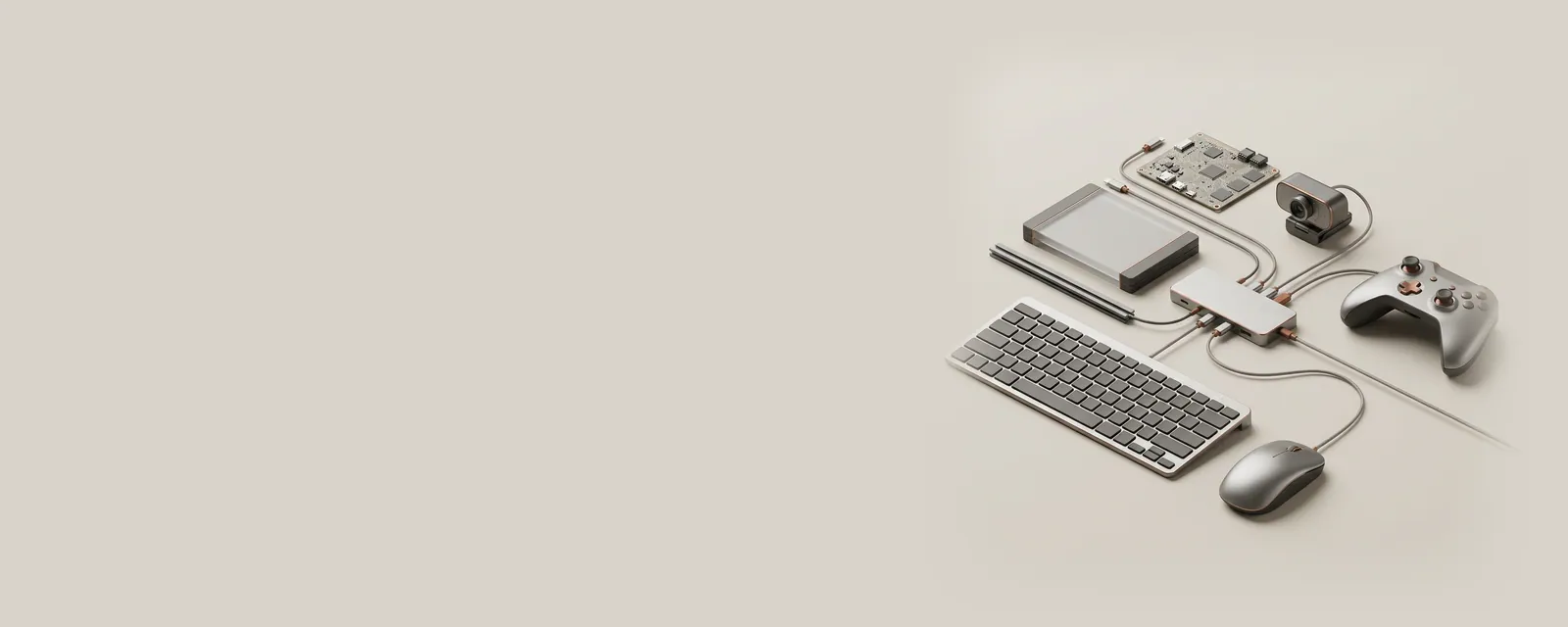 Studio render of a generic mouse, a low-profile keyboard, a webcam and a game controller connected by fine braided cables to one aluminium hub