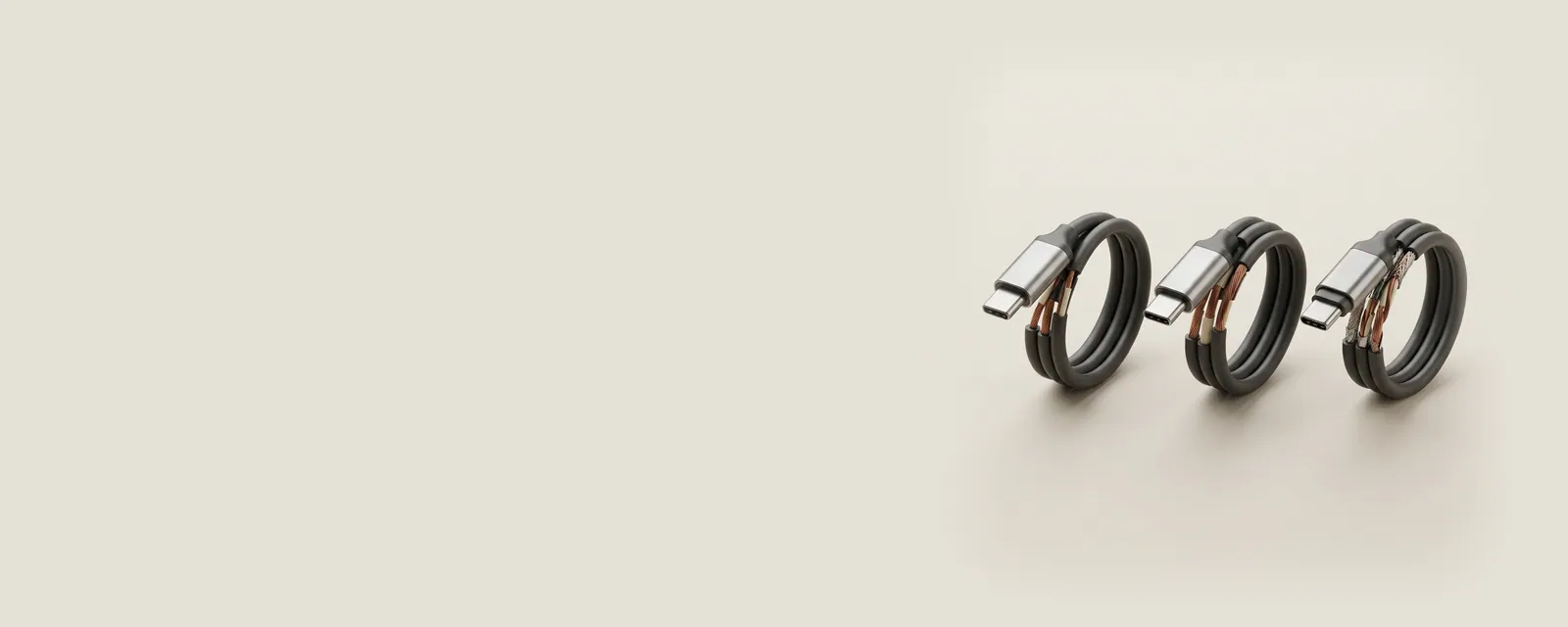 Studio render of three USB-C cables with identical connectors cut open to show different numbers of internal conductors