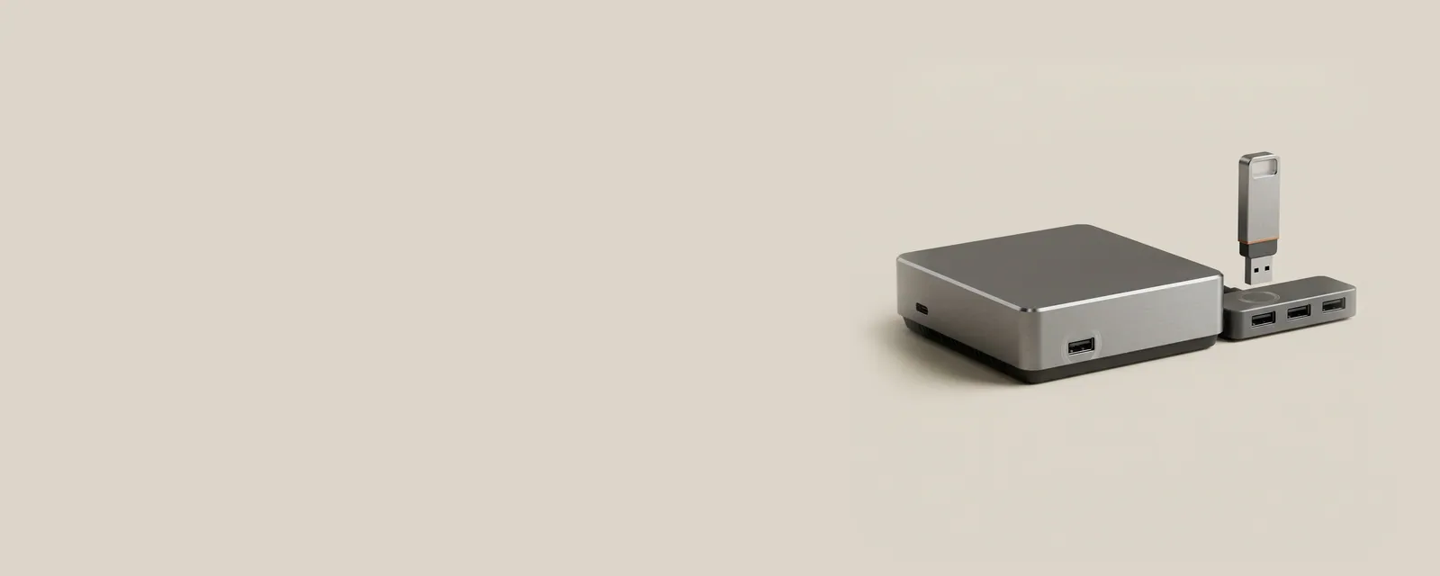Studio render of a USB flash drive lifted from a hub port, a fading hairline ring where it was and a matching ring on a mini PC
