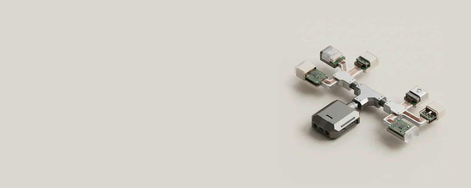 Studio render of an orthographic tree of aluminium hubs, one root hub branching to two smaller hubs each holding small devices