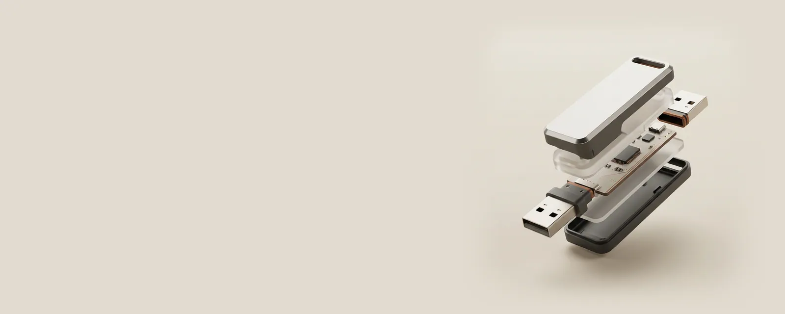 Studio render of an exploded view of a USB peripheral, its housing, board and connector separated with nested frosted layers describing its parts