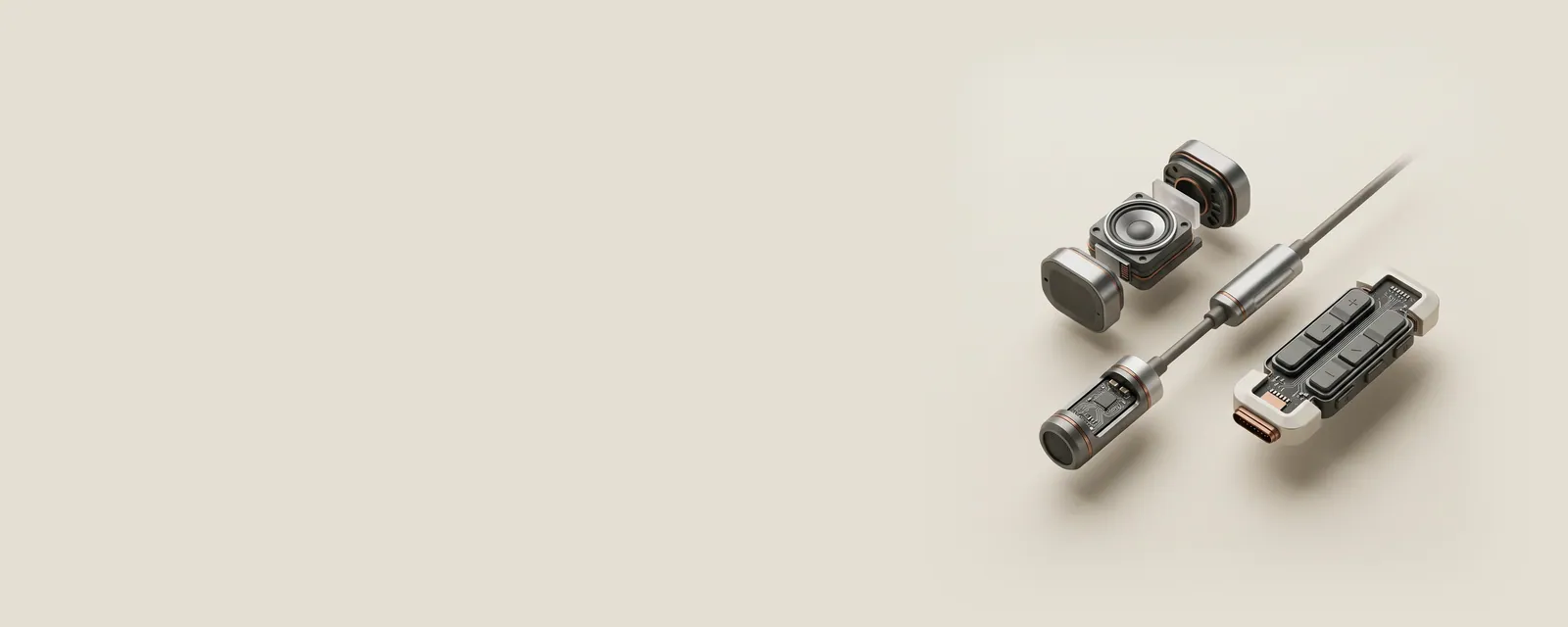 Studio render of a USB headset base exploded into a small speaker, a microphone capsule and a button cluster, all on one cable