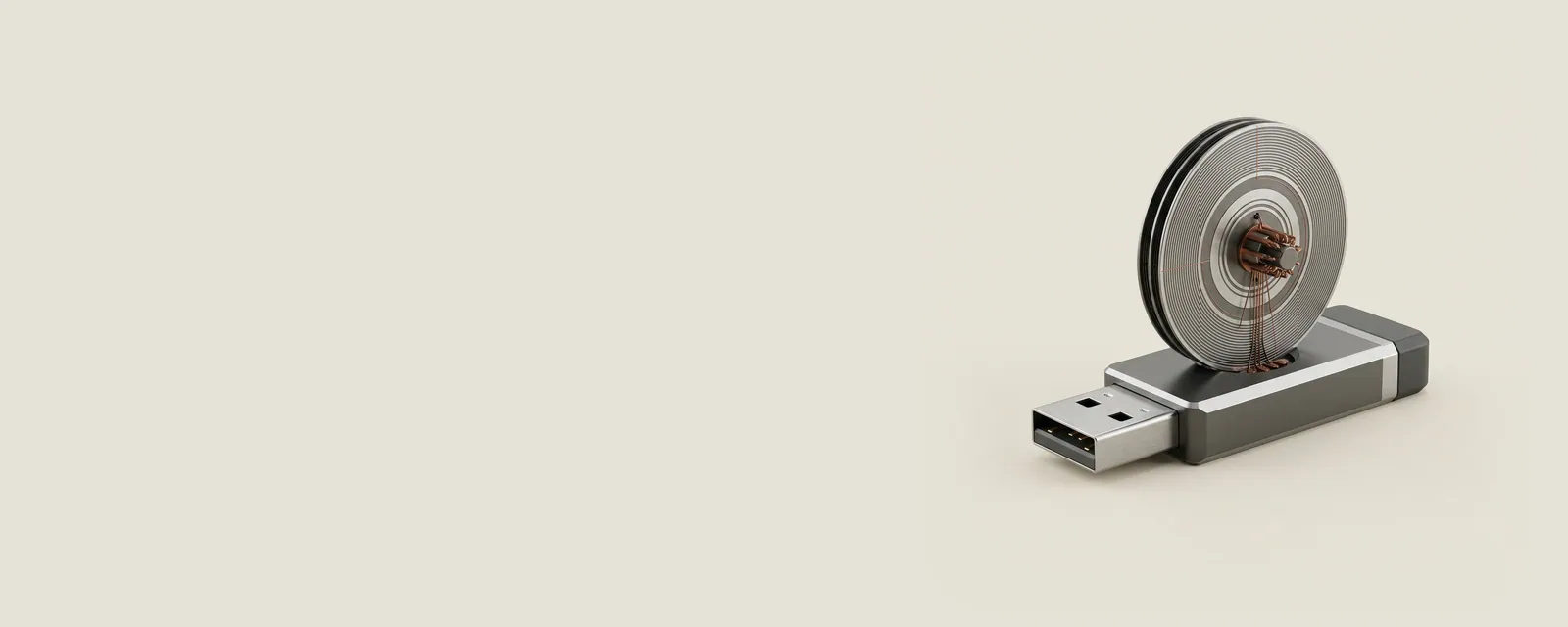 Studio render of a USB flash drive with a short stack of thin etched metal record plates rising from its connector toward a computer