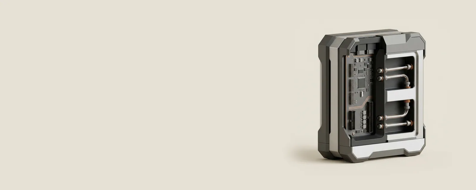 Studio render of a cutaway USB device with two internal compartments, each with a pair of fine glass tubes leading in and out